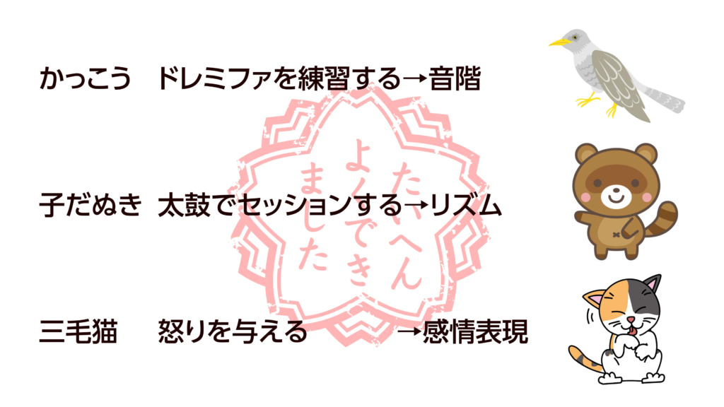 かっこうは音階・子だぬきはリズム・三毛猫は感情表現