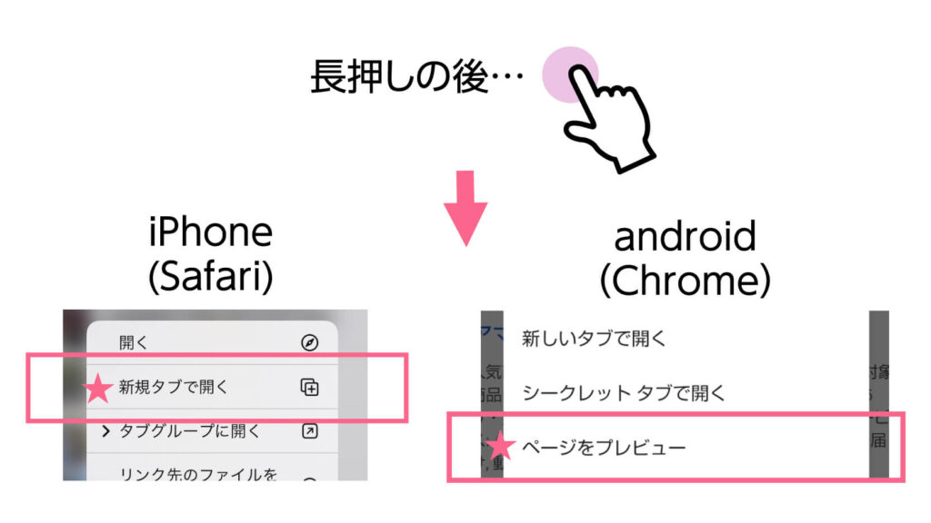 長押しの後「新規タブで開く」「ページをプレビュー」で開く
