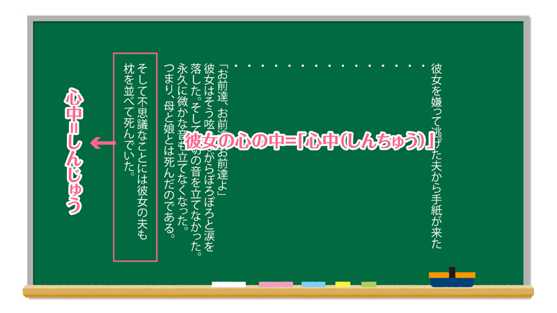 タイトルの「心中」の意味は、彼女の心の中という「しんちゅう」と、親子心中の「しんじゅう」の２種